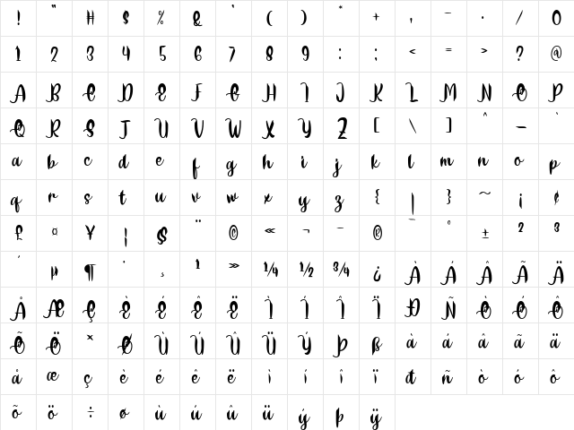 Delumba Regular  glyph index