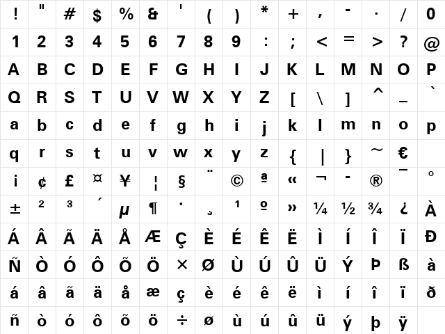 Zurich WGL4 BT Bold  glyph index