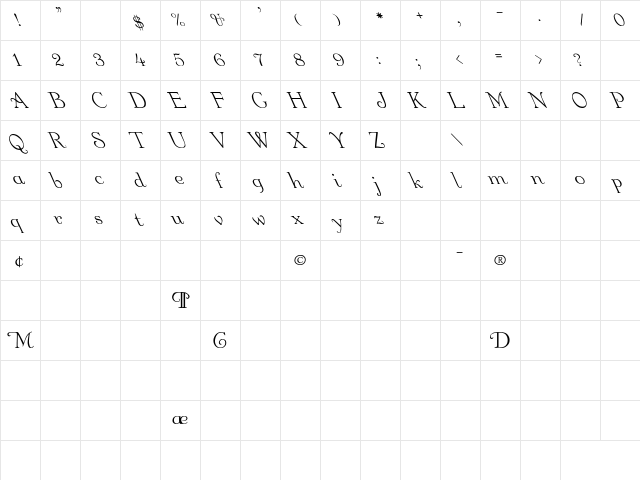 Garton Leftified Regular Regular  glyph index