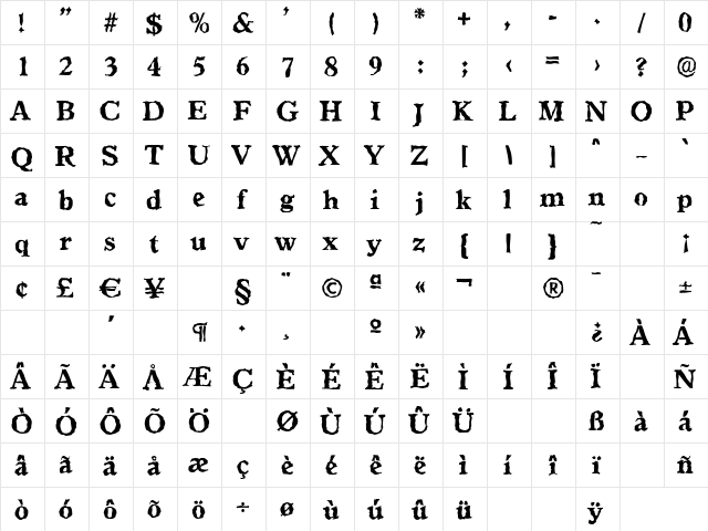 GranadaRandom-Xbold Regular  glyph index
