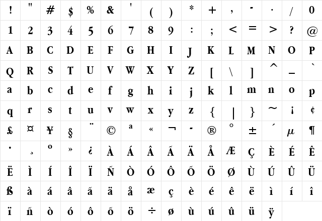 Apple Garamond BT Bold  glyph index