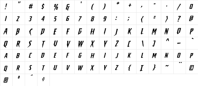 CCStickyFingers Italic  glyph index