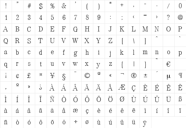 Valencia-Xlight Regular  glyph index
