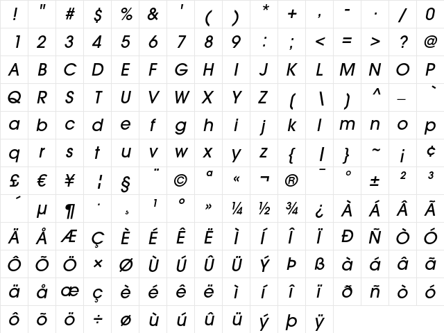 ITC Avant Garde Gothic LT Medium Oblique  glyph index