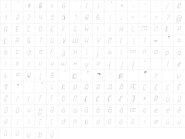 Quattro Thin Italic  glyph index