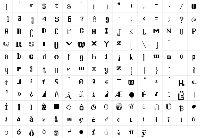 SanFranciscoLaser Regular  glyph index