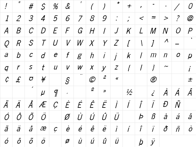 Breakdown 8 Italic  glyph index