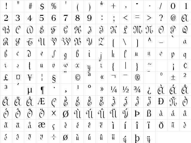 Bed Regular  glyph index