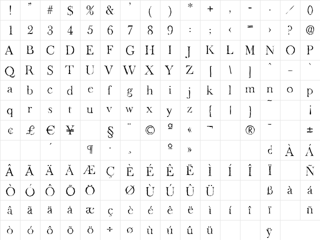 BaskerOldAntique-Light Regular  glyph index