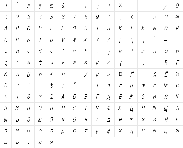MonoCondensedCTT Italic  glyph index