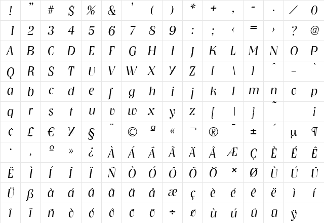 NashvilleSerial-Light Italic  glyph index