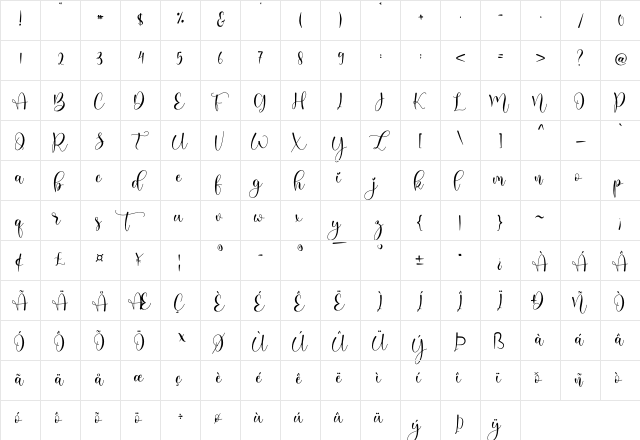 Daslina Regular  glyph index