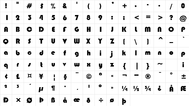 Blimpi Regular  glyph index