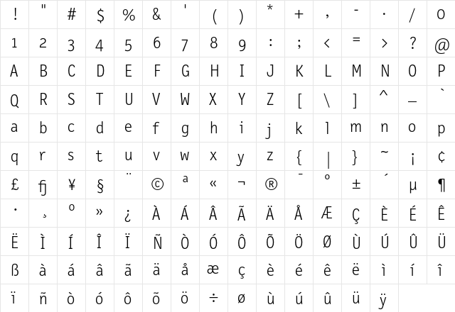 LetterGothicText Light  glyph index