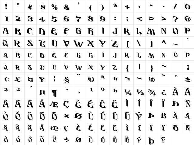 DisPlacedFont Bold  glyph index