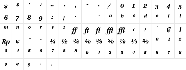Utopia Expert Bold Italic  glyph index