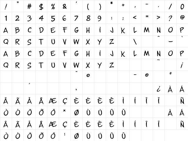 Guns n' Flash Comix Regular  glyph index