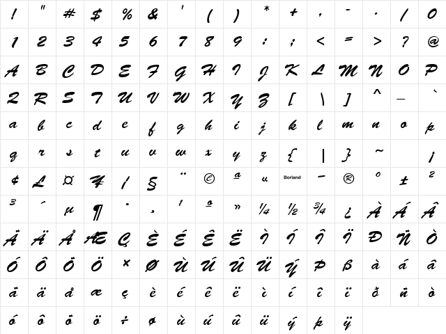 Brushed Script Regular  glyph index