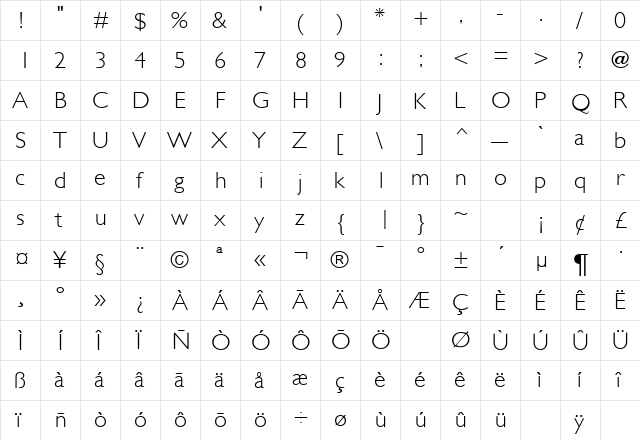 Gentle Sans Light Regular  glyph index