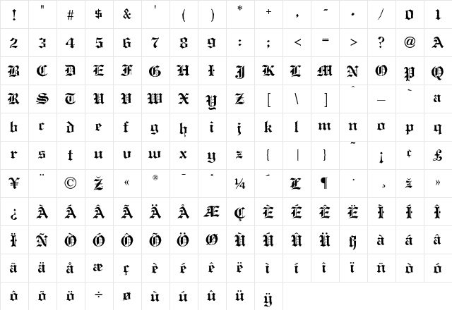 AntiqueBlack Regular  glyph index