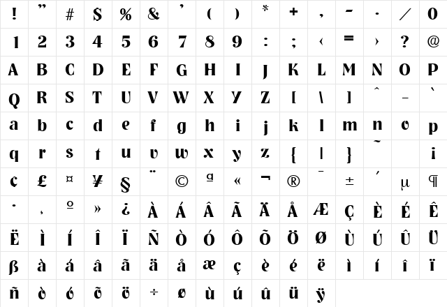 Nashville-Serial Bold  glyph index