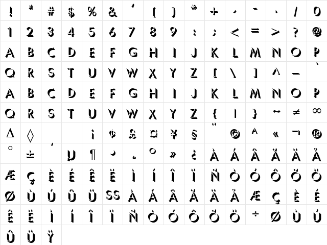 Usambara Regular  glyph index