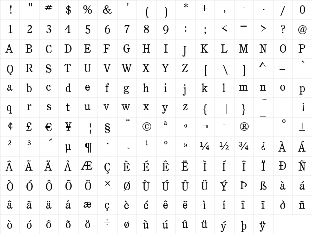 Calgary Book  glyph index