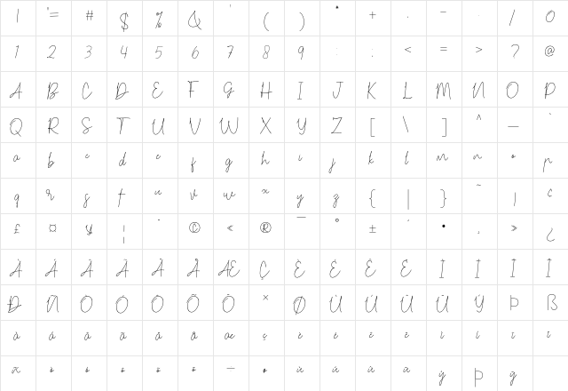 Carmelia Regular  glyph index