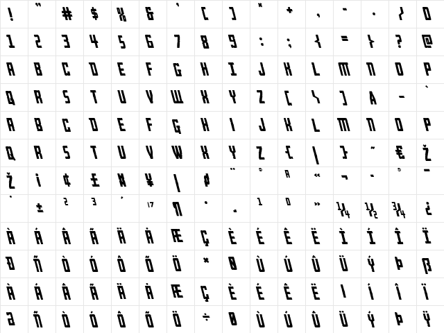 Rockledge Leftalic Italic  glyph index