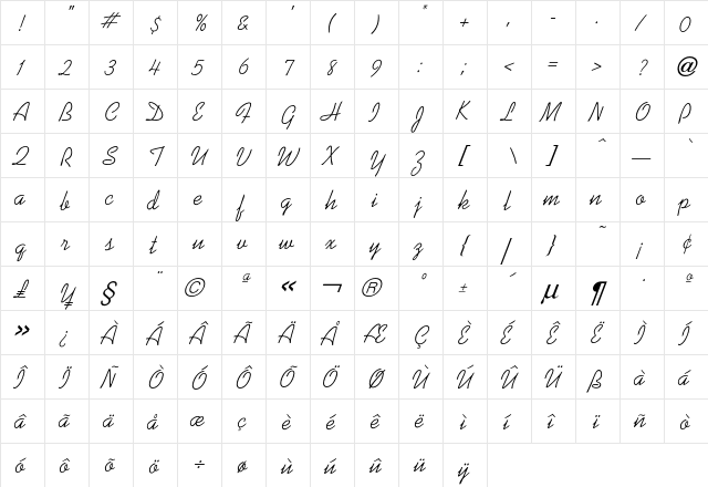 Kaufmann Script  glyph index