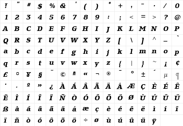 EquestrienneBoldItalic Roman  glyph index