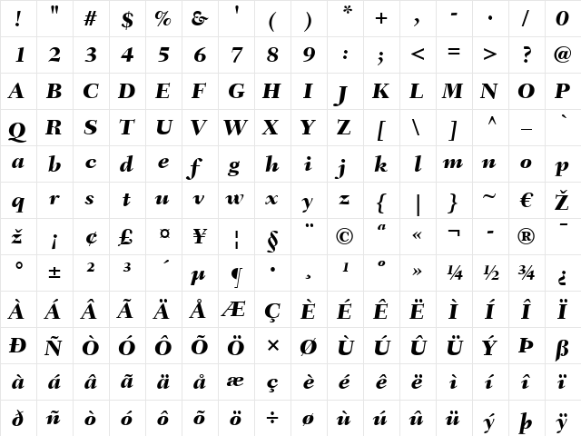 Fairfield LT Heavy Italic  glyph index