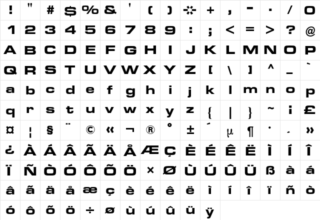 Eurostile BQ Regular  glyph index
