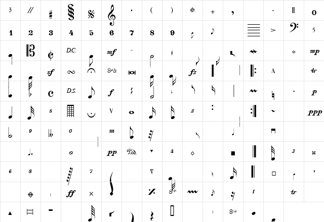 SaxNViolinsSSK Regular  glyph index