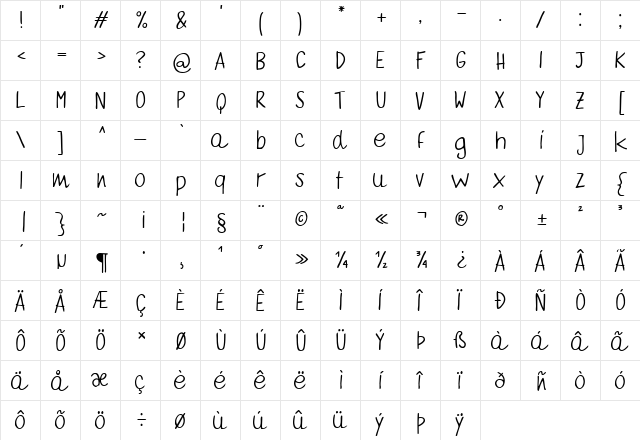 Quaderno Bianco Regular  glyph index