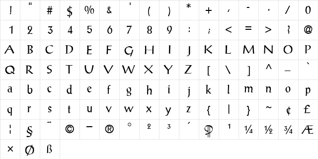 Procopius Regular  glyph index