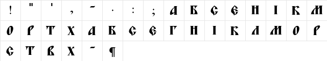 BlagovestFiveSerifC Regular  glyph index