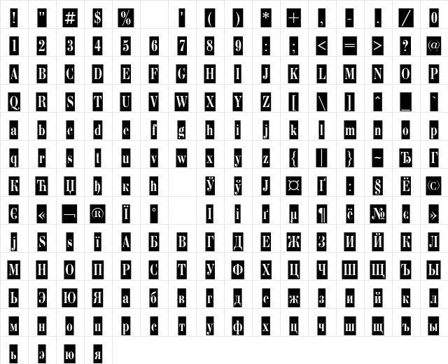 BodoniCameo Cyrillic  glyph index