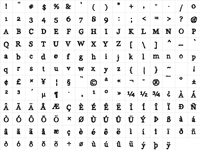 Alabama Regular  glyph index