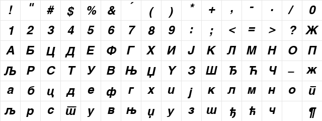 Arial Cirilica Bold Italic  glyph index