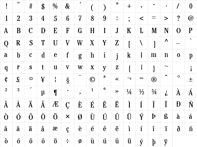 CheltenhamCondSSK Regular  glyph index