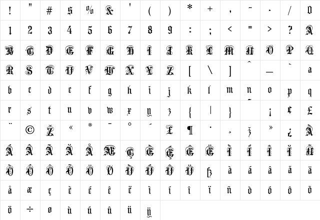 AngloText Regular  glyph index