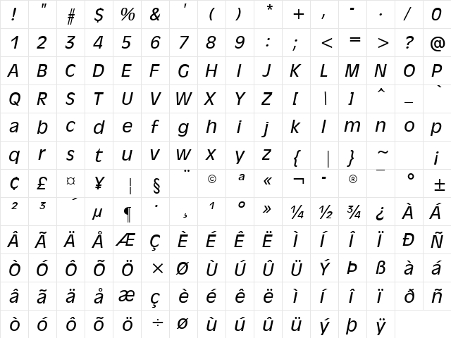 Pistachio-Italic Regular  glyph index