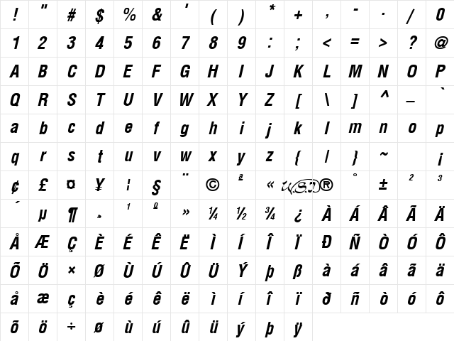 Arena Condensed Bold Italic  glyph index