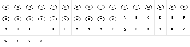 National Code Pi Std Universal  glyph index