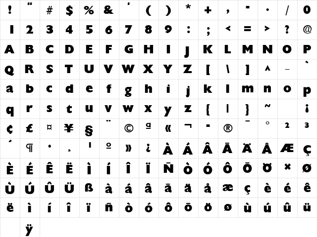 ChantillyLH Bold  glyph index