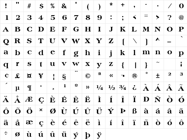 Heritage Regular  glyph index