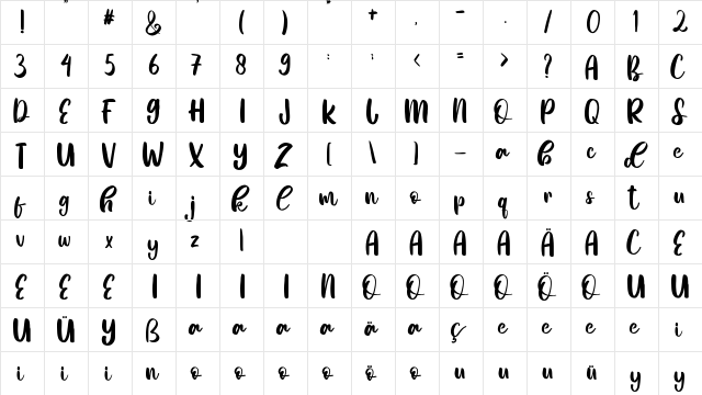 Nadine Sheila Regular  glyph index