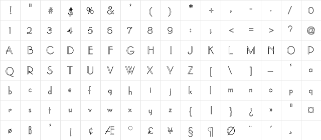 Parisian-Thin Hollow Regular  glyph index