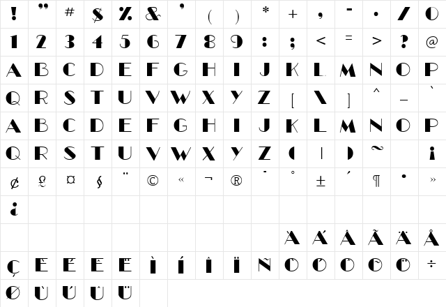 GLitzy Regular  glyph index